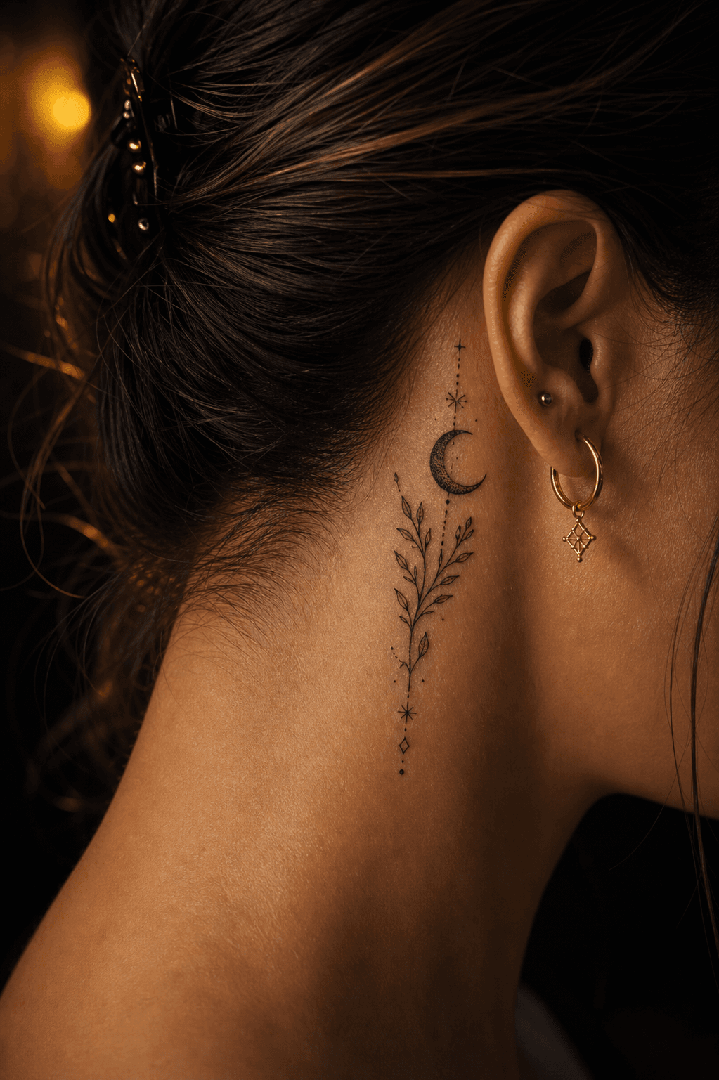 Small botanical moon tattoo behind an adult ear