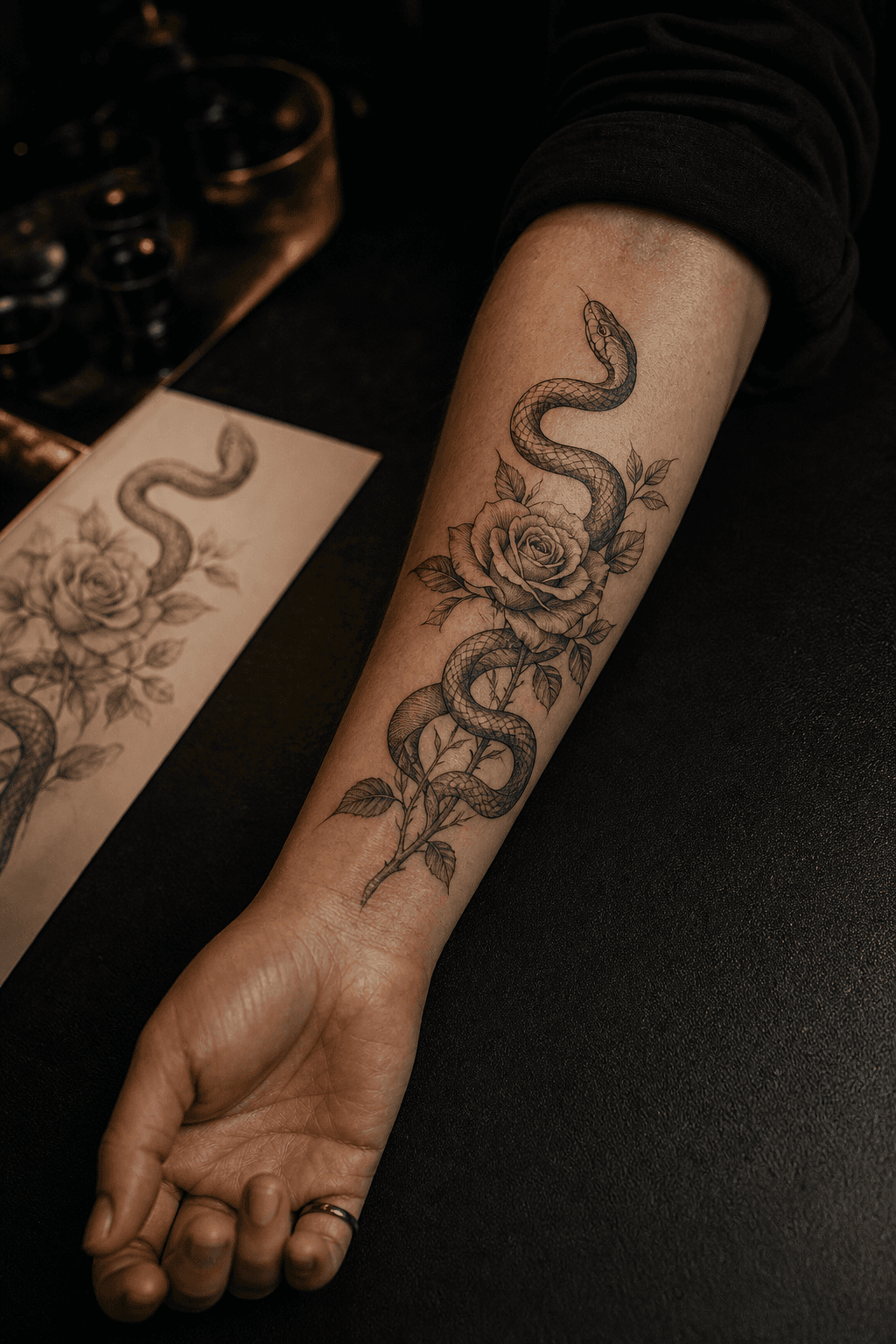 Fine-line snake and rose tattoo on an adult forearm